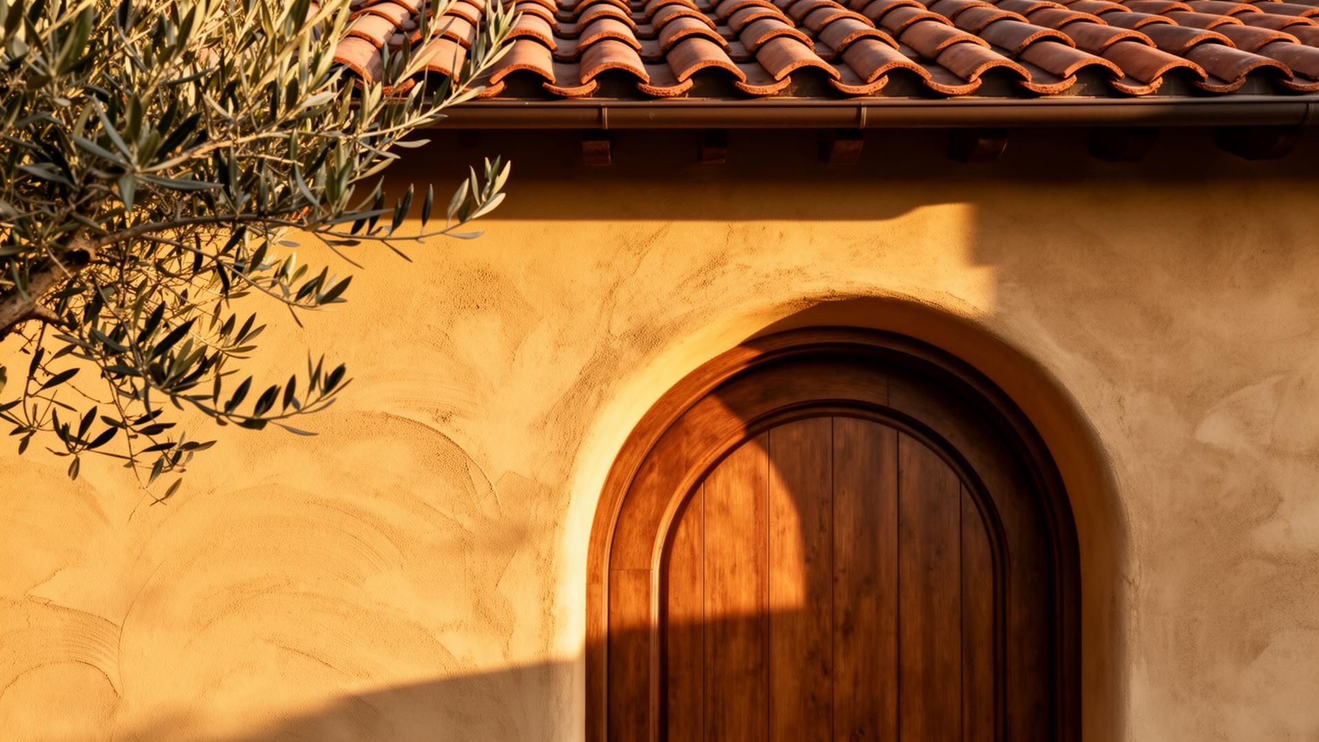 Warm stucco wall with arched wooden door, Orange County