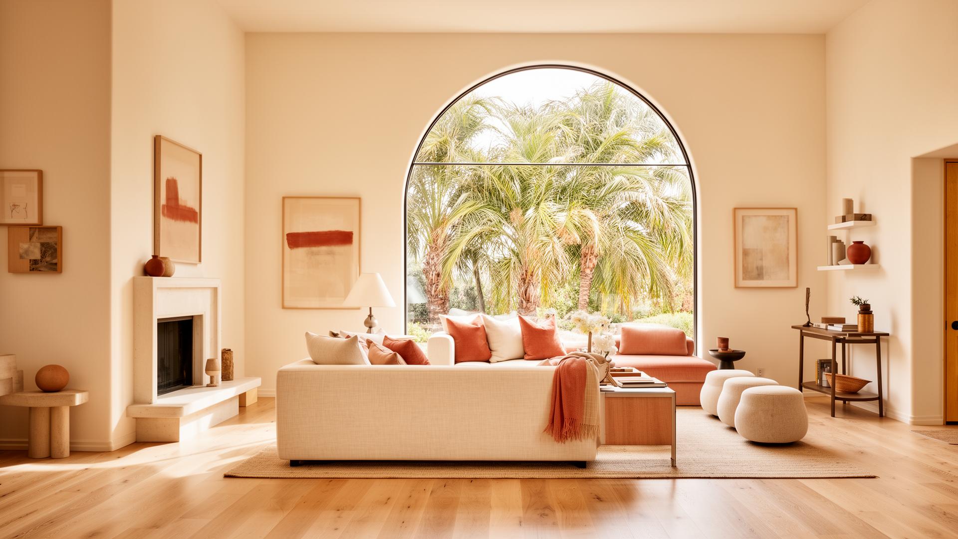 Warm sunlit California home interior with arched window